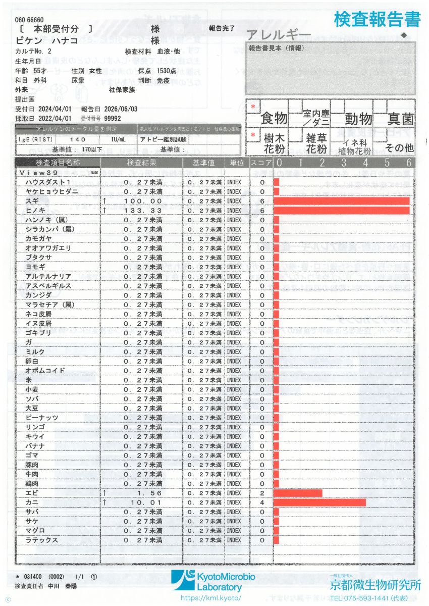 アレルギー検査報告書